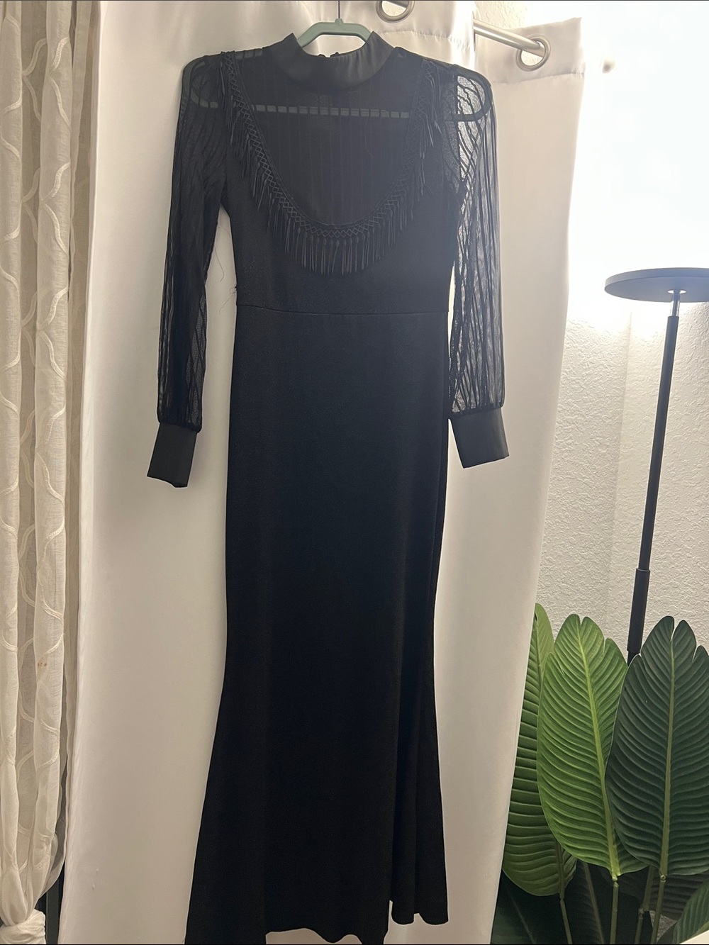 SHEIN Black Long-Sleeve Fringe Detail Maxi Dress